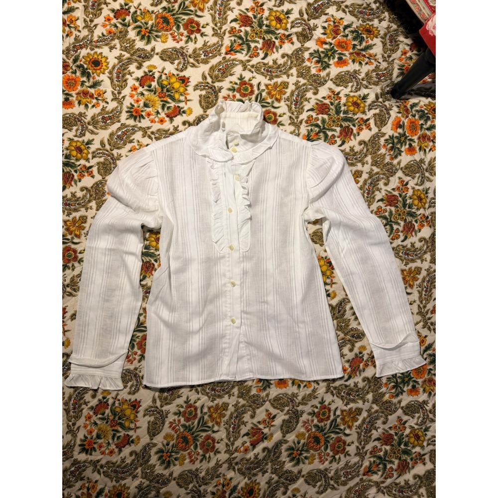Vintage 70s Sears White Ruffle Blouse Victorian Puff Sleeve Sheer Stripe Top